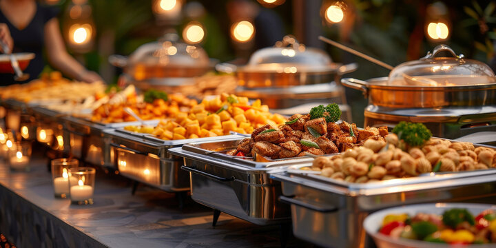 A long table with chafing dishes filled with delicious food, ready for an evening party. Group of people eating catering buffet food indoors at restaurant or wedding venue with colorful meat,vegetable