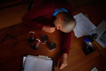 Aufkleber - Burnout, tired or businessman man sleeping on documents with coffee in top view night office fail. Sleep, nap or lazy auditor with compliance paperwork on table with exhaustion, fatigue or overworked