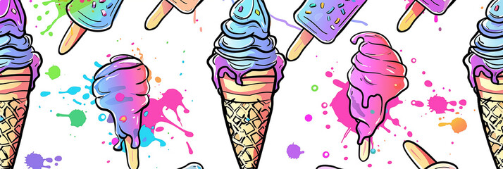 Wall Mural - Pattern with variety of ice cream designs on white background banner. Panoramic web header. Wide screen wallpaper