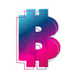Bitcoin blue pink gradient isolated sign. Blockchain technology, crypto currency symbol with world map. Virtual money icon for business, finance, digital global trade, payment, worldwide, exchange