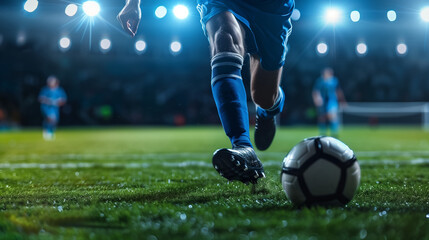 Wall Mural - professional soccer player kick ball at stadium closeup shot, football match and championship, leg in sport shoe close-up