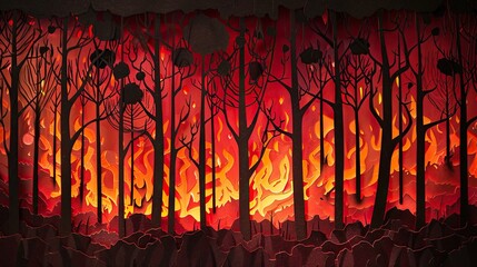 Wall Mural - Papercut depiction of a forest fire, with flames and smoke made from red and black paper, representing global warming effects.