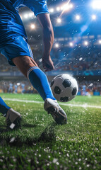 Poster - professional soccer player kick ball at stadium closeup shot, football match and championship, leg in sport shoe close-up