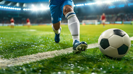 Poster - professional soccer player kick ball at stadium closeup shot, football match and championship, leg in sport shoe close-up