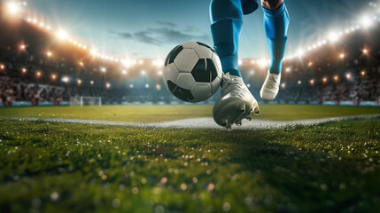 Poster - professional soccer player kick ball at stadium closeup shot, football match and championship, leg in sport shoe close-up