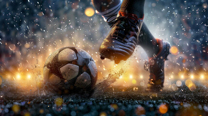 Poster - professional soccer player kick ball at stadium closeup shot, football match and championship, leg in sport shoe close-up