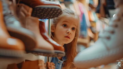 A young girl staring at shoes in a store with a sad face