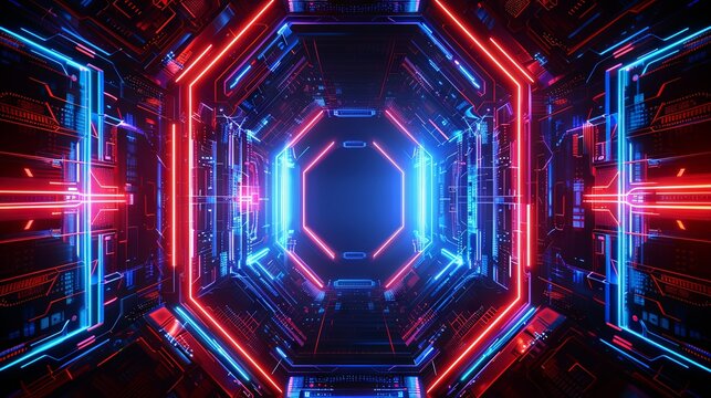 Abstract futuristic digital background, glowing blue and red lines forming simple pattern, two symmetrical hexagonal structures with glowing edges, cyberpunk style, high-tech aesthetic