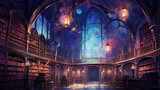 Fototapeta  - Paint a watercolor background of an ancient library filled with magical tomes and glowing lanterns