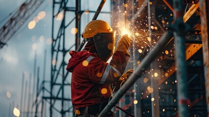 Wall Mural - Close-up of a construction welder applying flux-cored arc welding on a high-rise building framework at dusk