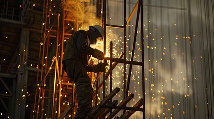 Close-up of a construction welder applying flux-cored arc welding on a high-rise building framework at dusk