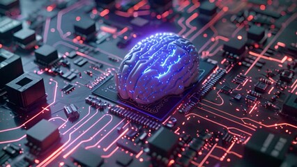 Poster - A computer circuit board with a realistic brain on top, symbolizing the fusion of technology and intelligence.