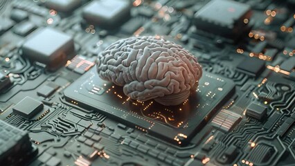 Poster - A brain sits atop a computer circuit board, symbolizing the integration of intelligence and technology in modern society.