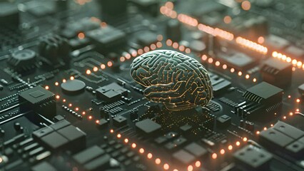 Poster - A computer circuit board with a human brain resting on top, symbolizing the connection between technology and intelligence.