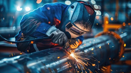 Wall Mural - Close-up of a skilled worker performing TIG welding on a stainless steel pipe, sparks and light reflections visible.