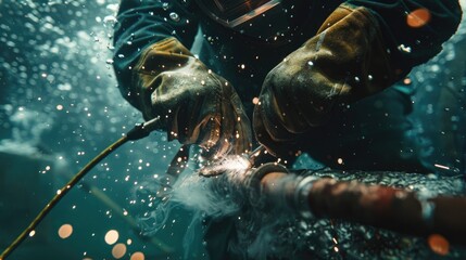 Close-up of an underwater welder at great depths, helmet light illuminating the dark sea as he welds a submerged structure.