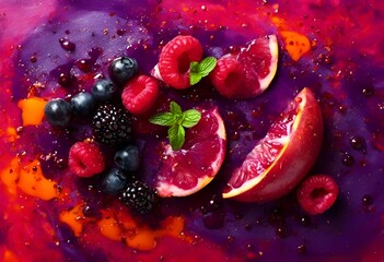 Poster - AI generated illustration of fresh fruits in a purple bowl with pink liquid and a green leaf