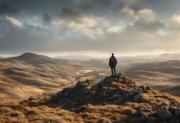 Poster - AI generated illustration of a man overlooking landscape