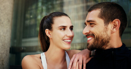 Canvas Print - Fitness, break or happy couple in city for running workout, outdoor training or exercise in London, England. Sports people, runners and face of man with woman for race, wellness or marathon challenge