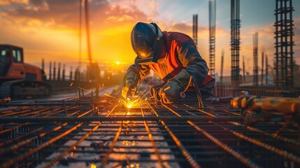 Wall Mural - A man in a hard hat is working on a construction site