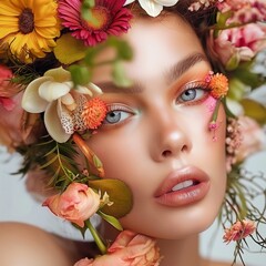 Poster - Una encantadora imagen de una modelo con ojos azules, rodeada de flores