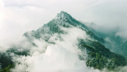 Poster - A towering mountain peak, surrounded by dense clouds and lush vegetation, stands tall against the sky, A top-down view of fog enveloping a mountain peak