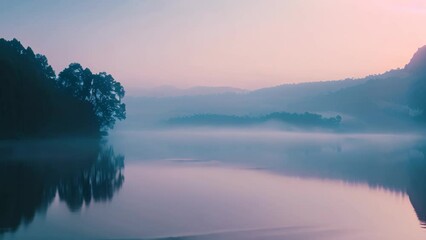 Poster - A large body of water glistening in the sunlight is framed by a lush forest, providing a tranquil and serene setting, A tranquil scenery with soft hues of dawn over a calm lake