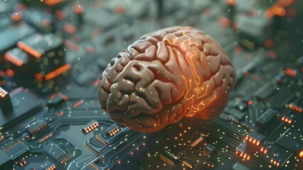 Poster - A brain sits atop a computer circuit board, symbolizing artificial intelligence and technology integration.