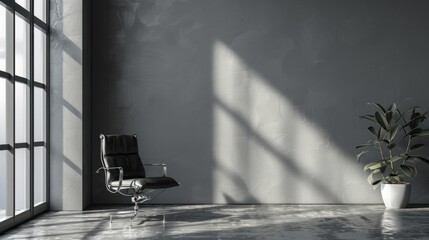 Canvas Print - minimalist room featuring a sleek black desk and chair, showcasing a modern interior design aesthetic