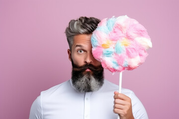 Wall Mural - handsome bearded Caucasian man holds lollipops and cotton candy in his hands on pink