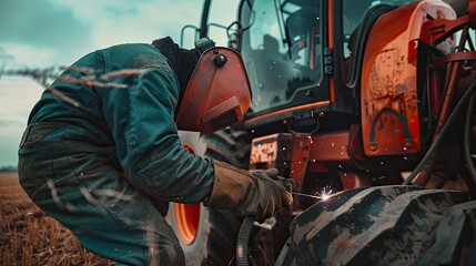 Wall Mural - Mobile welder repairing agricultural machinery in the field, focusing on technique and tools.