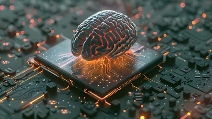 Poster - A computer chip with a brain sitting on top, symbolizing the fusion of technology and human intelligence.