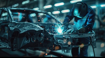 Professional welder using MIG techniques on a vehicle frame in a modern automotive workshop.