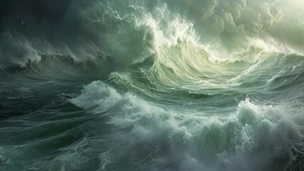 Wall Mural - A powerful wave crashes amidst a vast expanse of water, creating a dramatic scene, A turbulent hurricane at sea