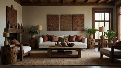 Rustic coffee table near white sofa with brown pillows against wall with two poster frames. Boho ethnic home interior design of modern living room