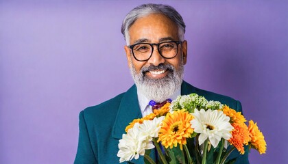 Wall Mural - Senior bearded old man wearing framed eyeglasses with a bouquet of flowers smiling at the camera, isolated on lilac background