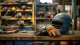 Fototapeta  - Welder gloves and helmet placed on a workbench, emphasizing the importance of personal protective equipment.