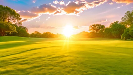 Poster - The sun sets in the sky, casting a warm, golden glow over a sprawling golf course, as players continue their round, A beautiful sunset over a pristine golf course