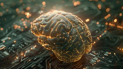Poster - A computer circuit board with a glowing brain, symbolizing artificial intelligence, technology, and innovation.