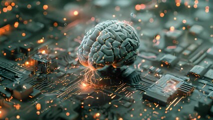 Poster - A computer processor chip with a human brain on top, symbolizing artificial intelligence and computing power.