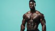 © goami - muscular bodybuilder athlete man with perfect body and naked torso posing on blue background, bodybuilding athletic african american black male studio shot