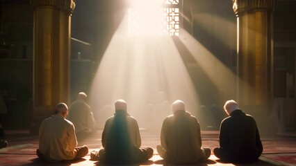 Poster - A diverse group of individuals sitting together on a rug, engaging in conversation and enjoying each others company, A group of friends preparing for prayers