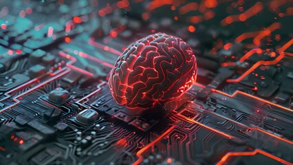 Poster - A brain placed on top of a computer circuit board, showcasing the fusion of technology and neuroscience in artificial intelligence development.