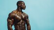 © goami - muscular bodybuilder athlete man with perfect body and naked torso posing on blue background, bodybuilding athletic african american black male studio shot