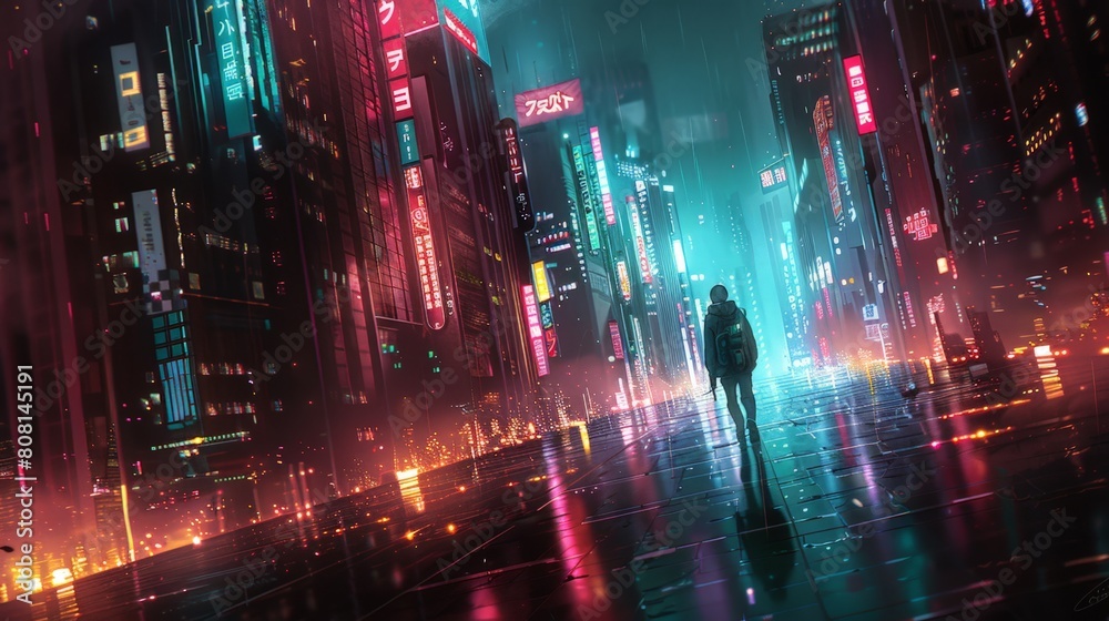 Futuristic cityscape at night with neon signs, a solitary figure stands ...