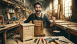  joyful carpenter in a workshop, proudly displaying a beautifully crafted piece of furniture