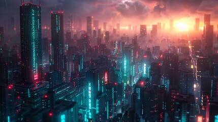 Wall Mural - Aerial view to a futuristic cityscape at dusk with neon-lit skyscrapers under a glowing sunset sky.