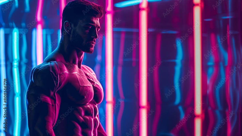 muscular bodybuilder athlete man with perfect body and naked torso on