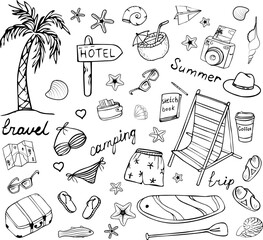 A set of travel doodles, isolated images on a white background, a set of vacation and leisure items