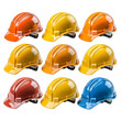 © tonstock - A variety of fireman hats with vibrant yellow or orange safety helmets in multiple color options for use on construction sites, displayed against a white PNG transparent backdrop.